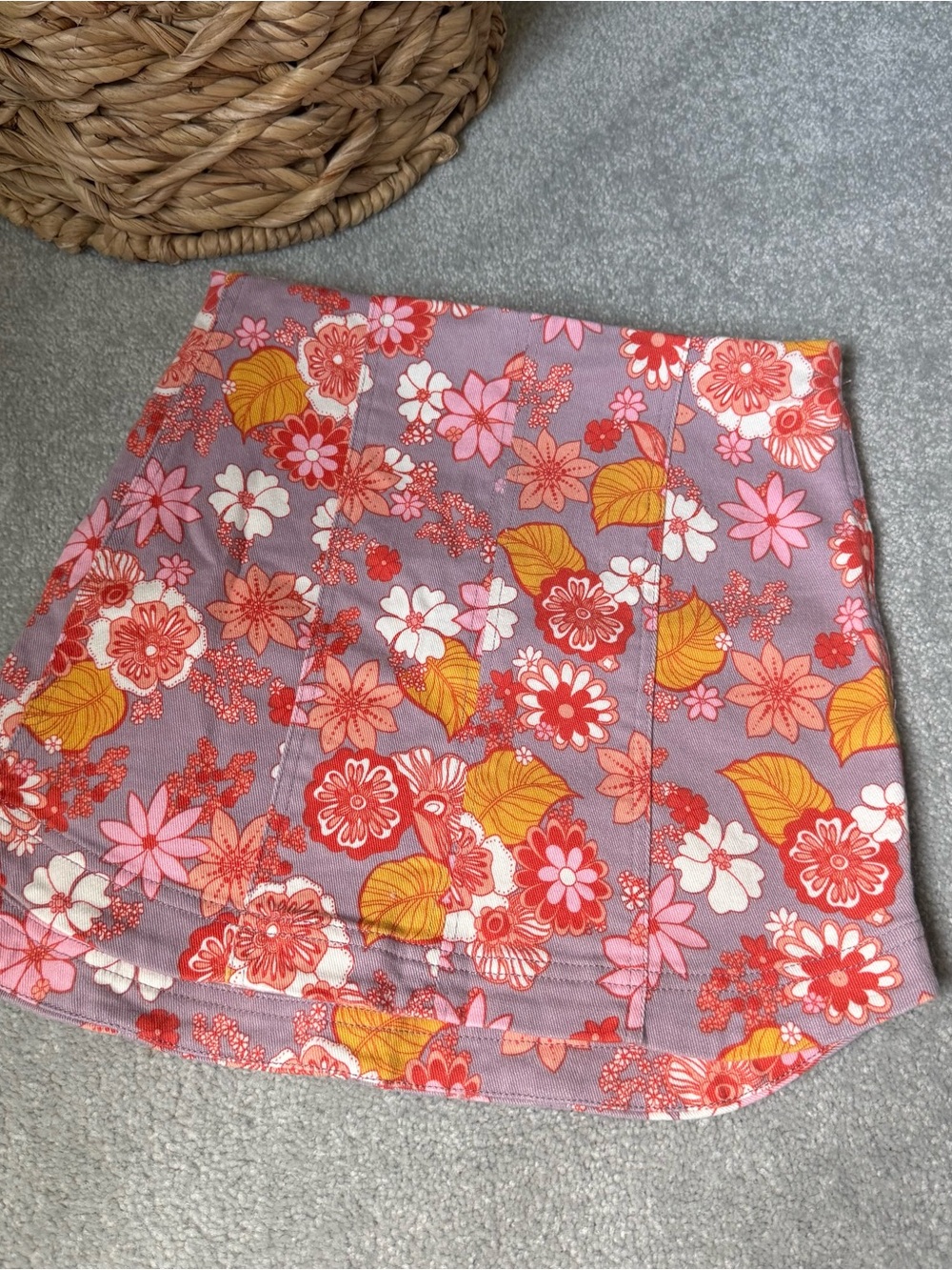 Pink Lily Lavender Floral Mini Skirt with Orange & Pink Blooms